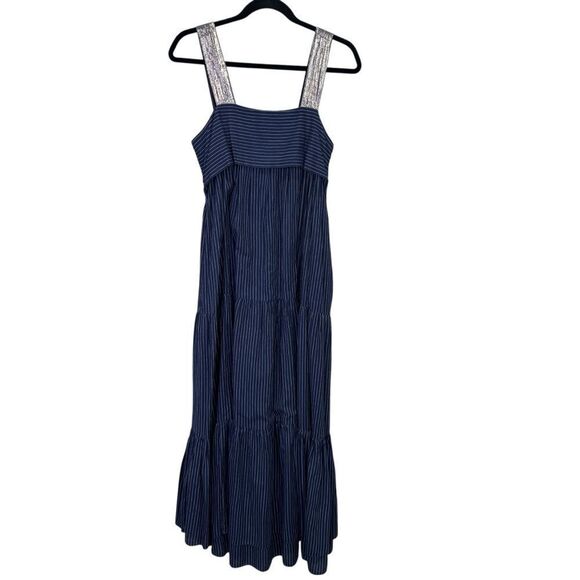 Ulla Johnson Bess Lurex-trimmed Pinstriped Cotton-blend Voile Midi Dress Navy 4 - Picture 2 of 6